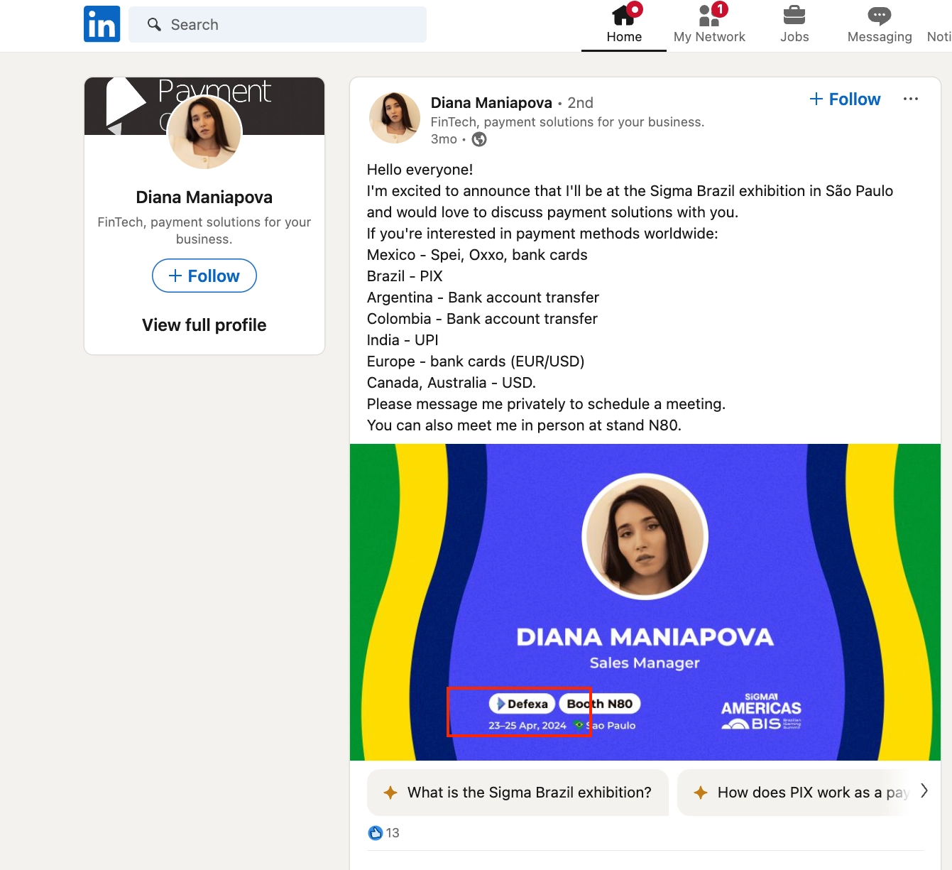 Linkedin Профиль Diana Maniapova до публикации наших расследований