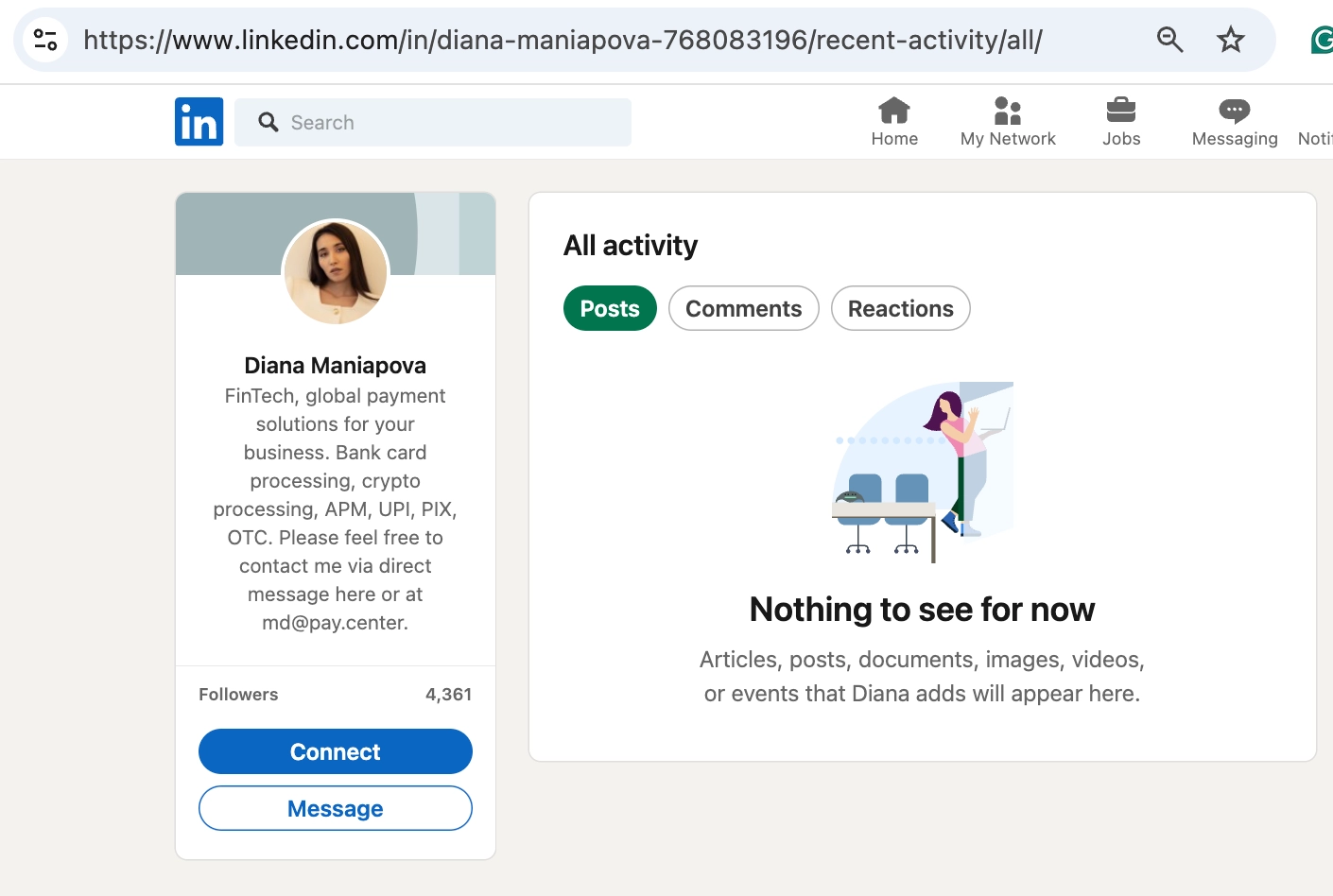 Linkedin Профиль Diana Maniapova после публикации наших расследований