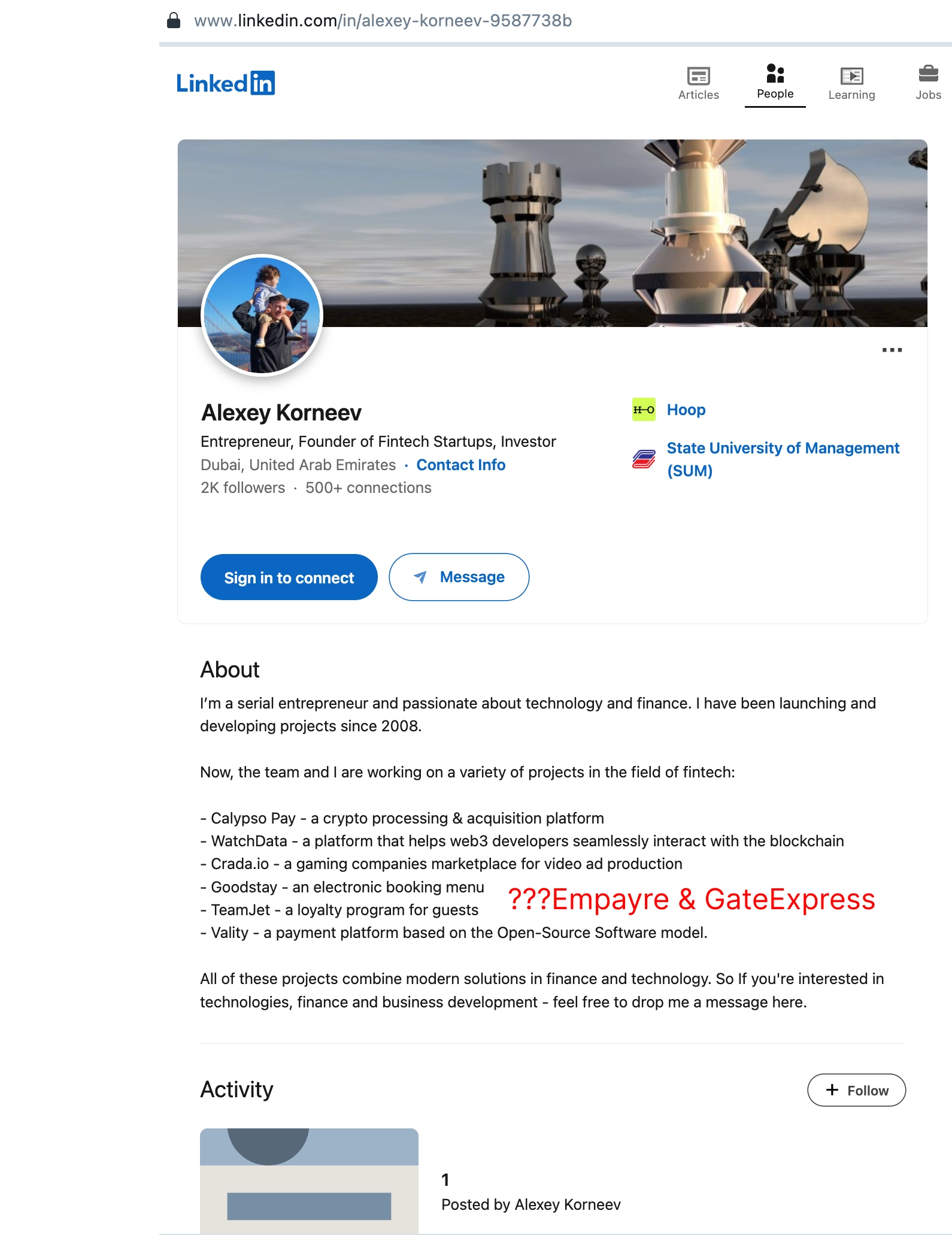 профиль Linkedin мошенника Корнеева Алексея после публикаций расследований Paycrime