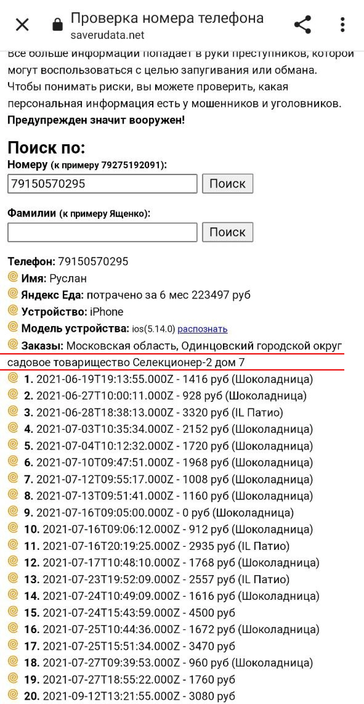 Заказ еды Маннанова Руслана на его адреса